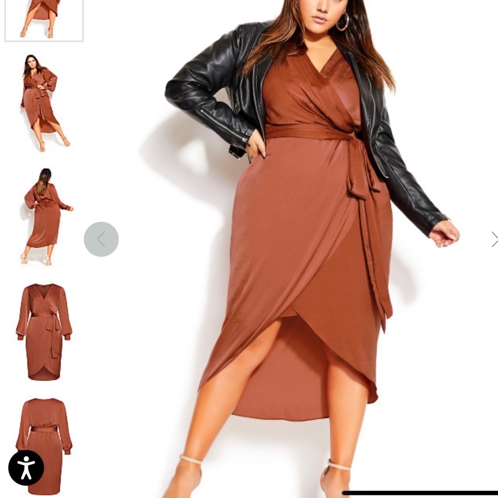 CITY CHIC FAUX WRAP SATIN BROWN SIZE 16 DRESS